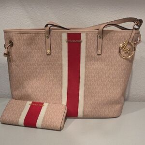 Michael Kors Pink and Red Stripe Tote with Matching Wallet